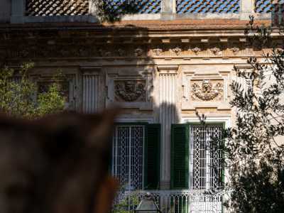 Il piano terra � caratterizzato da linee orizzontali che simulano i conci, quello superiore invece � impreziosito da quattro lesene scanalate in stile dorico tra le quali si aprono le verdi finestre